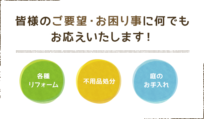 皆様のご要望・お困り事に何でもお応えいたします！ 各種リフォーム 不用品処分 庭のお手入れ